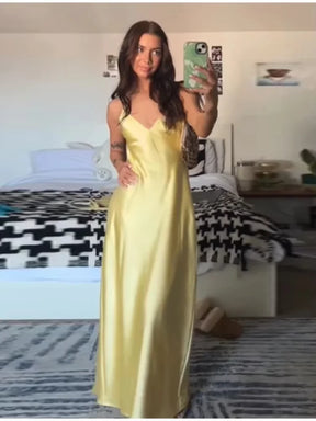 TRAFZA Vestido Feminino de Verão Amarelo em Cetim, Decote em V, Alças Finas, Elegante, Sem Mangas, Solto, Longo, 2025 Novo, para Festa e Férias